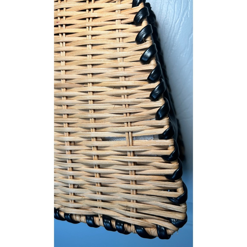 BCBGMAXAZRIA Wicker Whipstitch Woven Straw Top Handle Bag Black Leather Trim - Picture 3 of 9